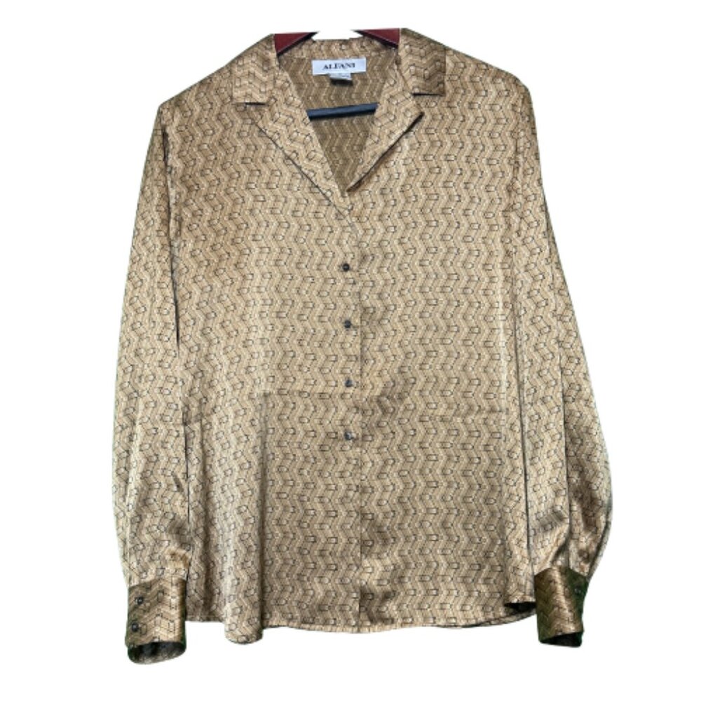 NWOT Gold/Brown Design ALFANI Silk Long Sleeve Blouse Size 12 (BB1012)